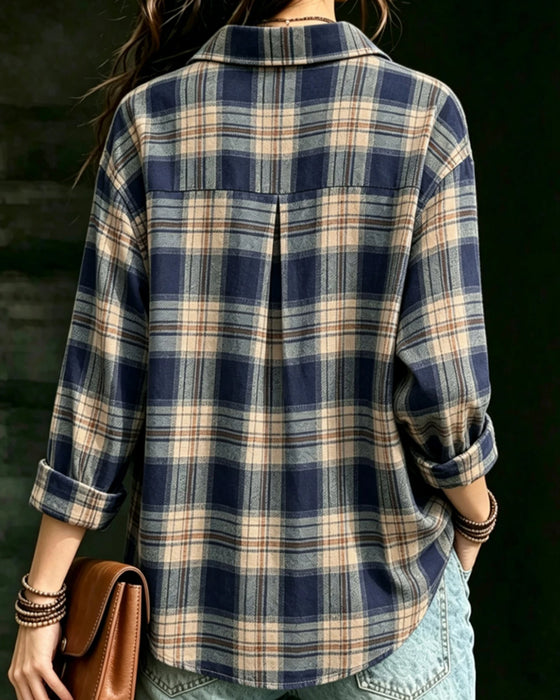 Collared Plaid Long-Sleeve Blouse