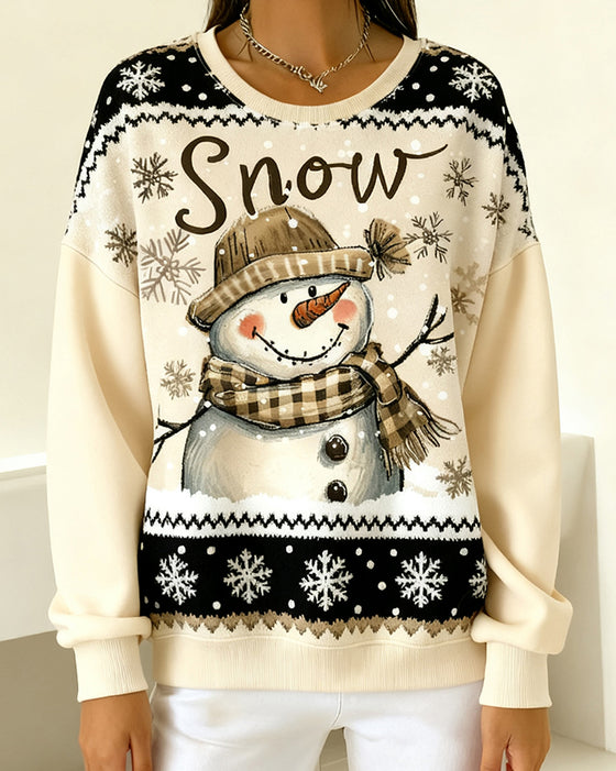 Long-Sleeved Snowman Print Casual Sweatshirt
