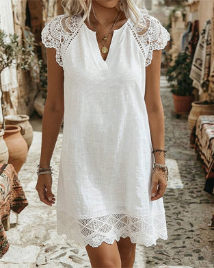 Petite V-Neck Lace Trim Elegant Dress