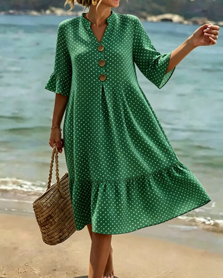 Polka Dot V-Neck Ruffle Sleeve Dress