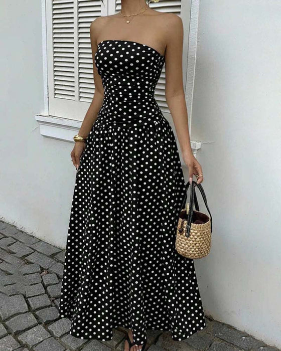 Polka Dot Bandeau A Line Long Dress