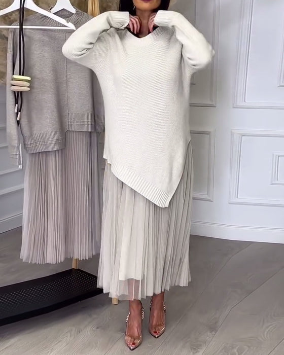 Crew Neck Irregular Pullover And Skirt Two-Piece Set