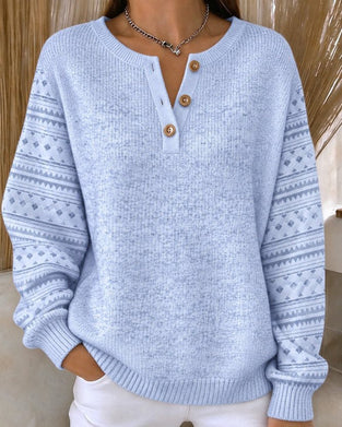 Round Neck Buttoned Striped Loose Sweatshirt