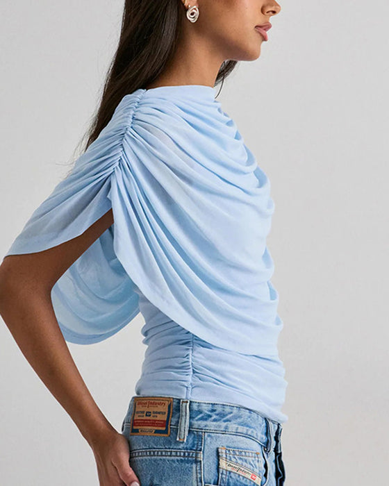 Mesh Scarf Neck Draped Slim Fit Blouse