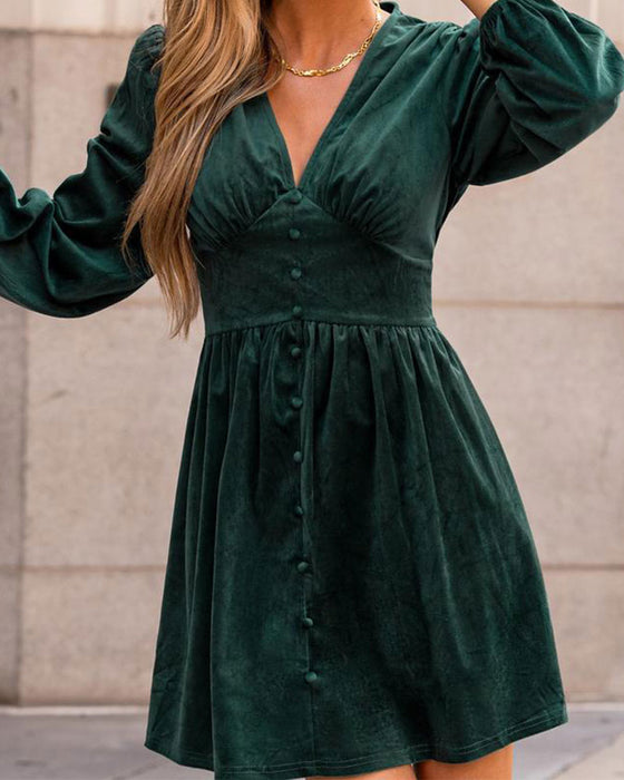 Buttoned V-Neck Puff-Sleeve Short Dress