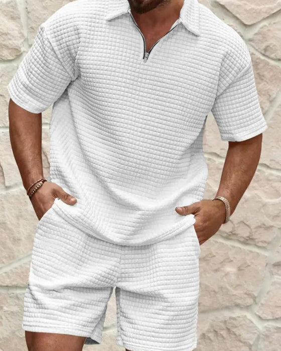 Polo Collar Zip Waffle Texture Shorts Set