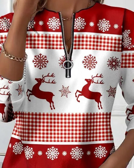 Zippered Snowflake Print Sweatshirt