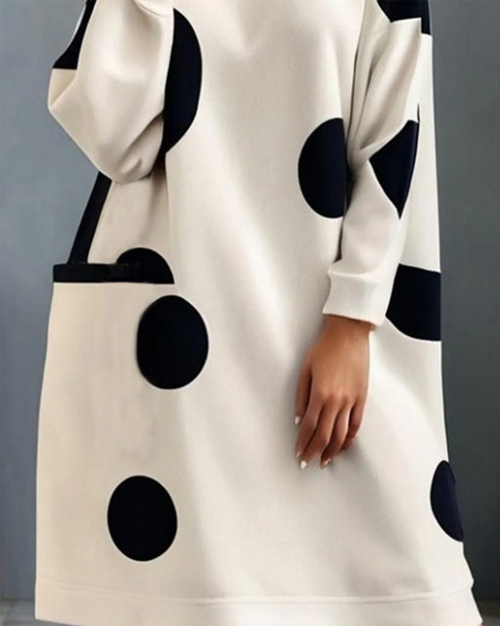 Elegant polka dot high neck pocket loose dress
