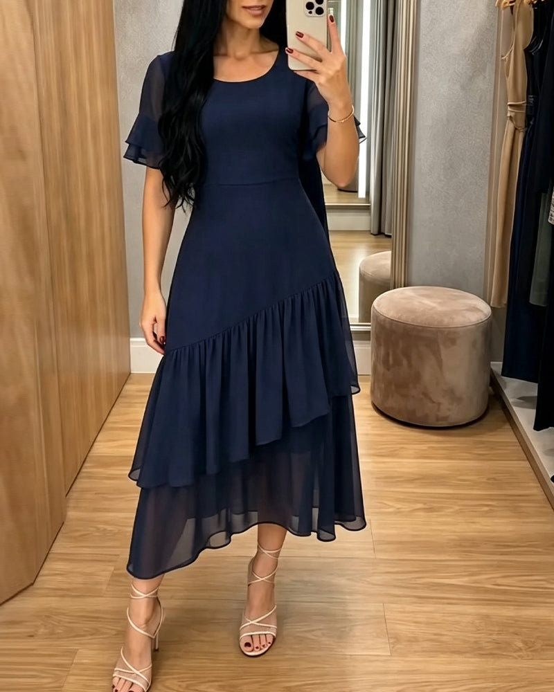 Crew Neck Ruffle Solid Dress