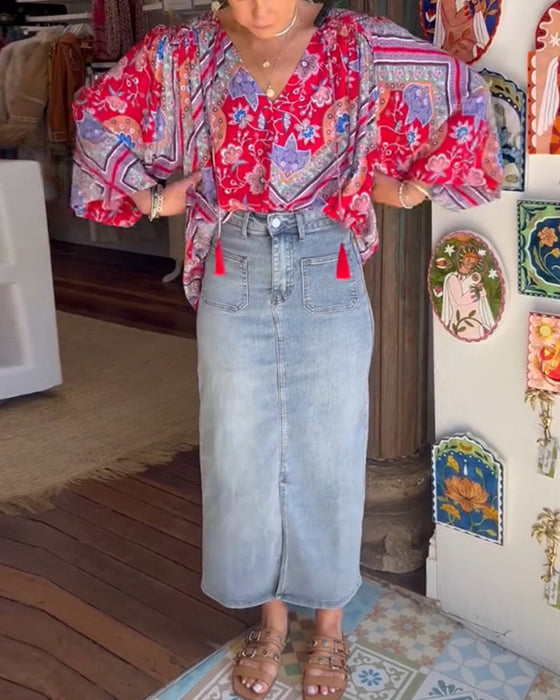 V-Neck Printed Long Sleeve Blouse