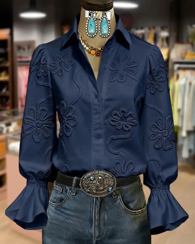 Flower Flare Sleeve Mandarin Collar Shirt
