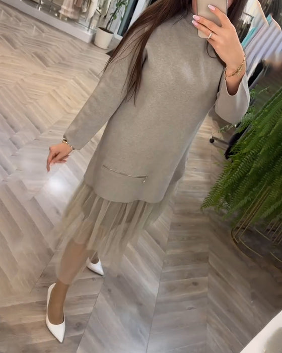 High collar mesh patchwork dress