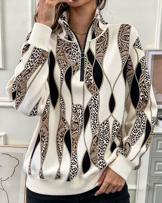 Geometric Paisley Half Zip Stand Collar Sweatshirt