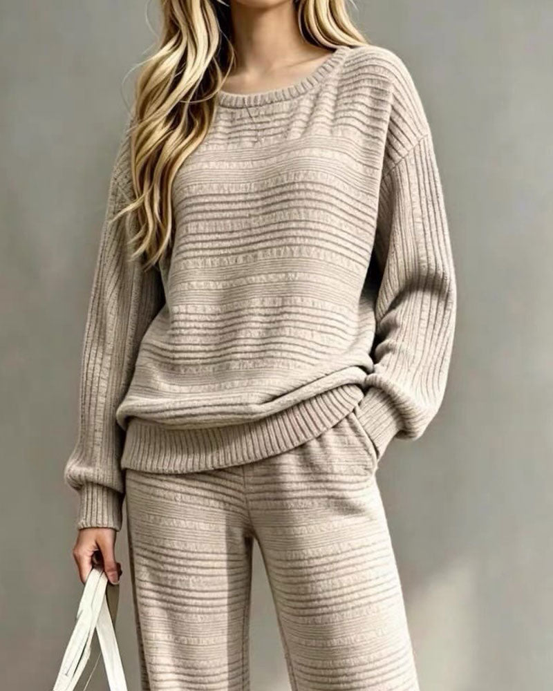 Round Neck Striped Relaxed Wide Leg Two-Piece Set