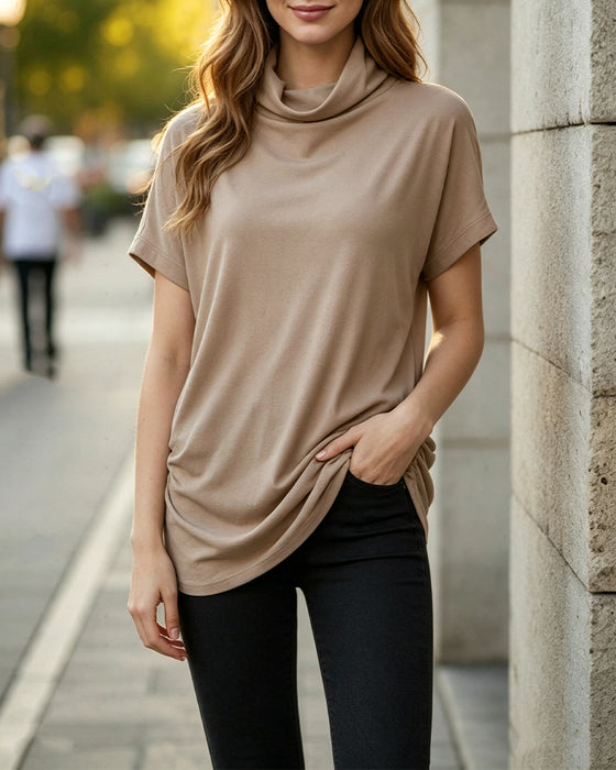 Mock Neck Short Sleeve Side Ruched Blouse
