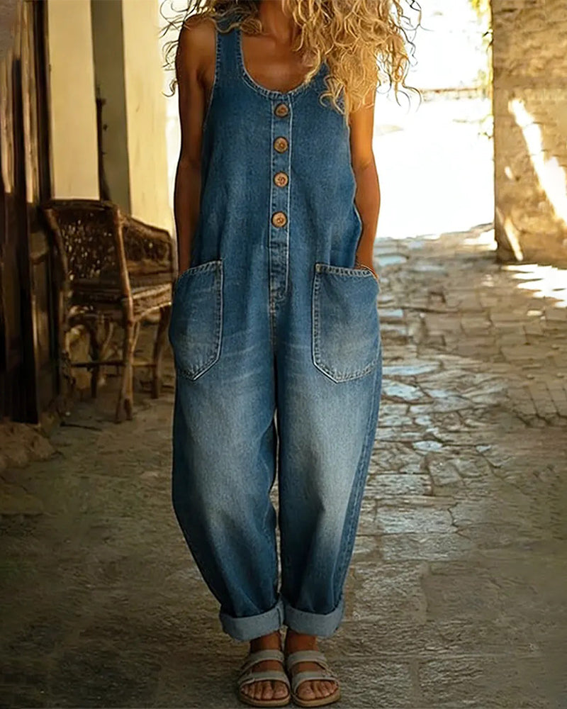 Casual Pocket Denim Jumpsuits
