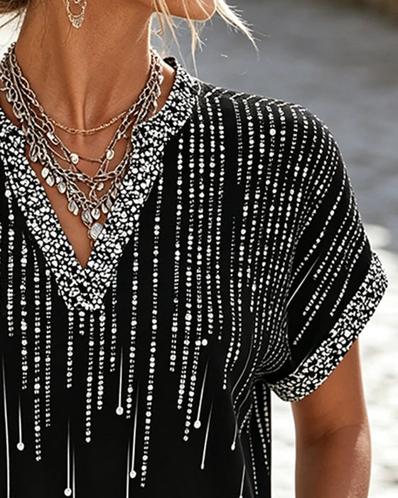 Off-Shoulder V-Neck Print Blouse