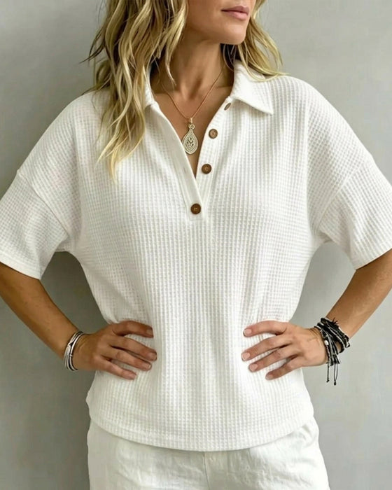 Button Front V-Neck Waffle T-Shirt