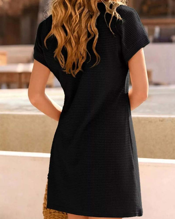 Waffle Textured Lace Trim Short Sleeve Dress