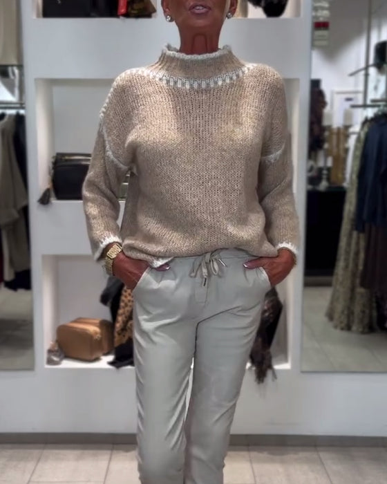 High-Neck Contrasting Color Versatile Pullover