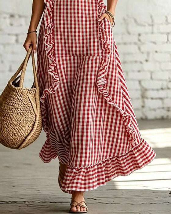 V-Neck Ruffle Plaid Sleeveless Maxi Dress