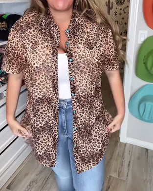 Stylish Leopard Print Short-Sleeved Shirt