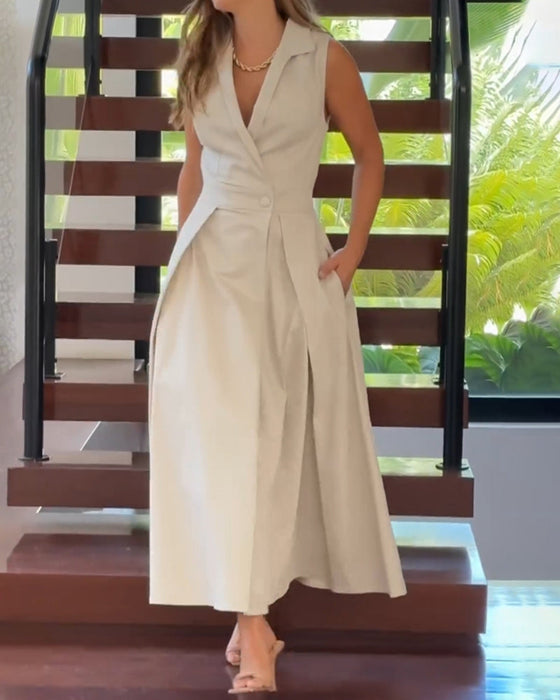 Sleeveless lapel elegant solid color dress