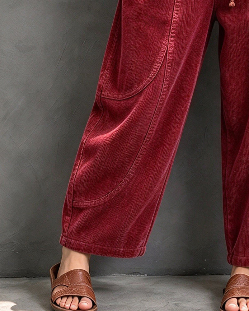 Elastic Waist Color-Block Cropped Wide-Leg Pants