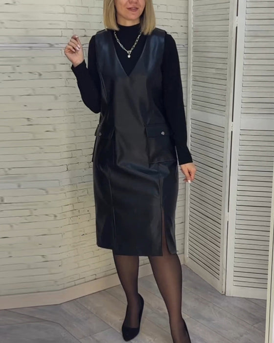 solid color dress with V-neck and Pocket