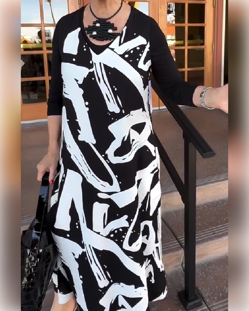 Long-Sleeve Patchwork Printed Dress