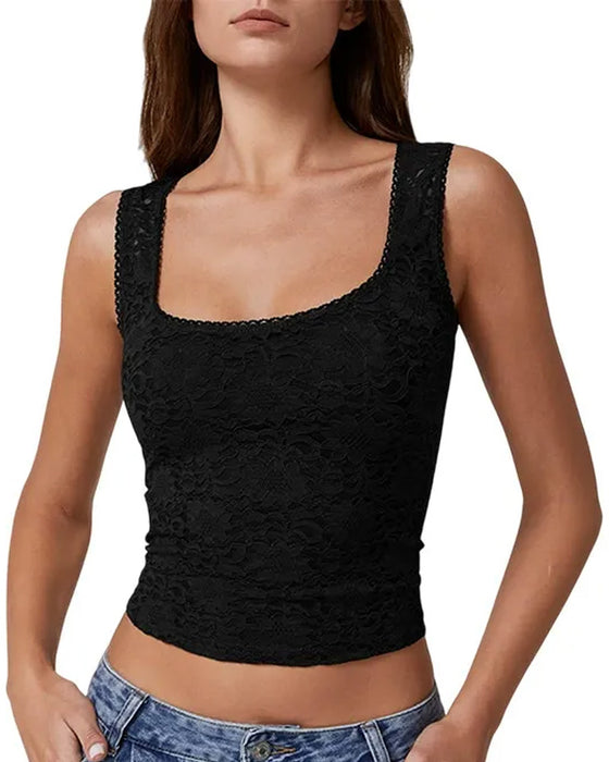 Lace Trim Square Neck Sleeveless Tank Top