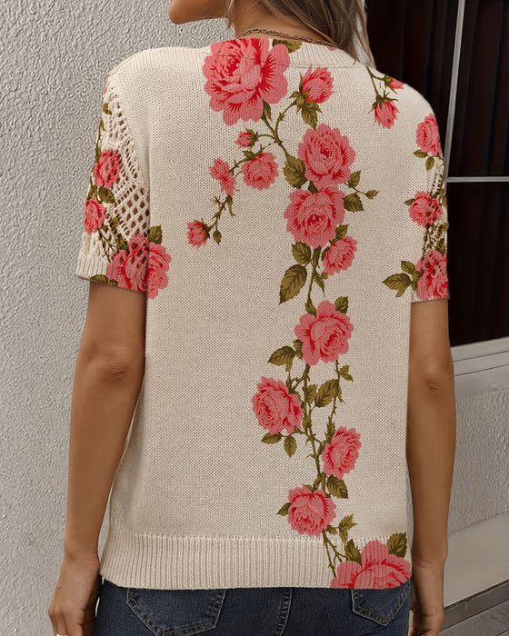 Printed Hollow V-Neck Pullover