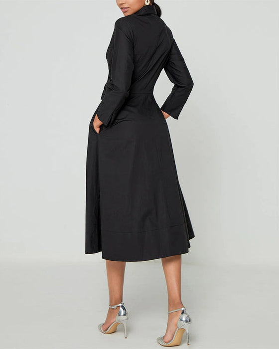 Lapel Cross Straped Dress with Pockets