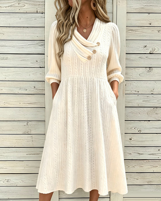 Pile Collar Puff Sleeve Button Dress