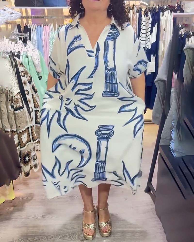 Lapel Printed Loose Casual Dress