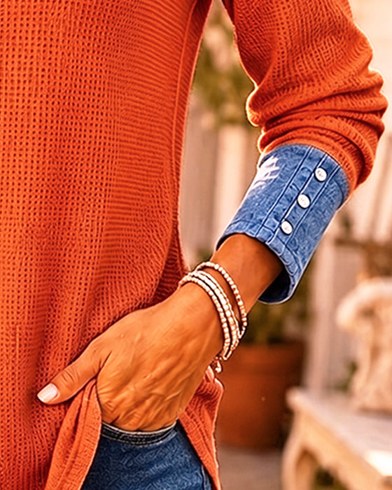 Casual V-Neck Patchwork Denim Blouse