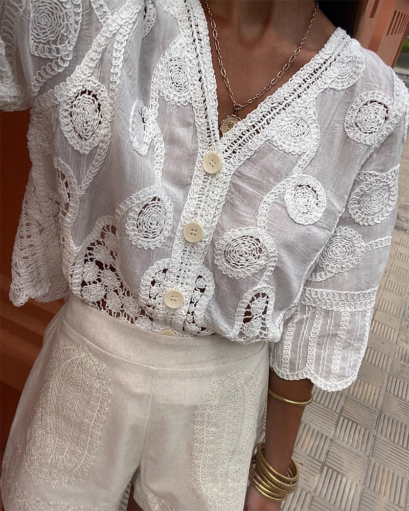 French V-Neck Embroidered Shirt