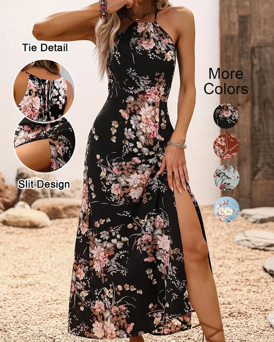 Halterneck Slit Waisted Floral Dress