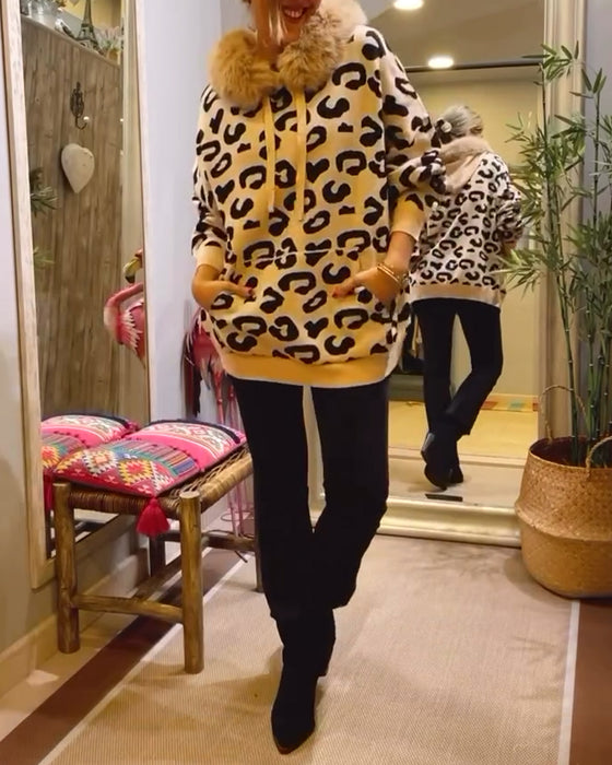Leopard print long-sleeved hooded sweatshirt