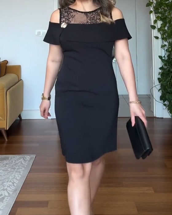 Crew Neck Off-Shoulder Lace Patchwork Dress