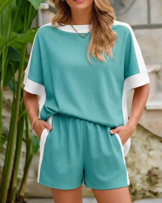 Color Block Short Sleeve Shorts Casual Set