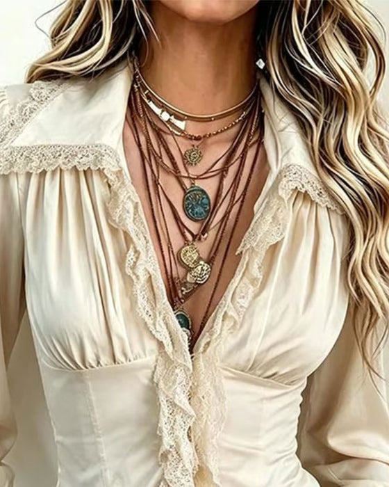 Collared Lace Spliced Long-Sleeve Blouse