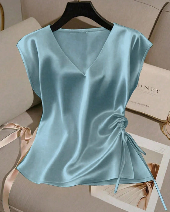 V-Neck Drawstring Sleeveless Blouse