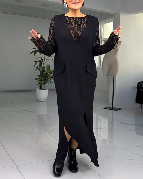 European And American Lace Stitching Slit Dress