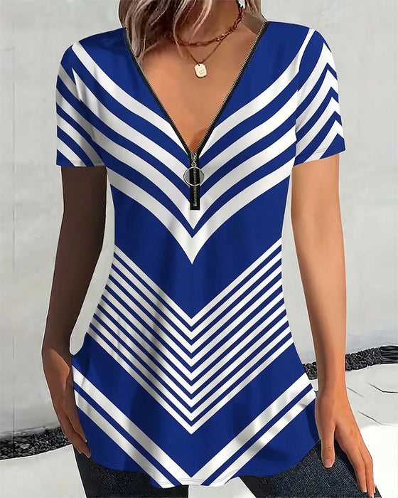 Zipper V-Neck Striped T-Shirt