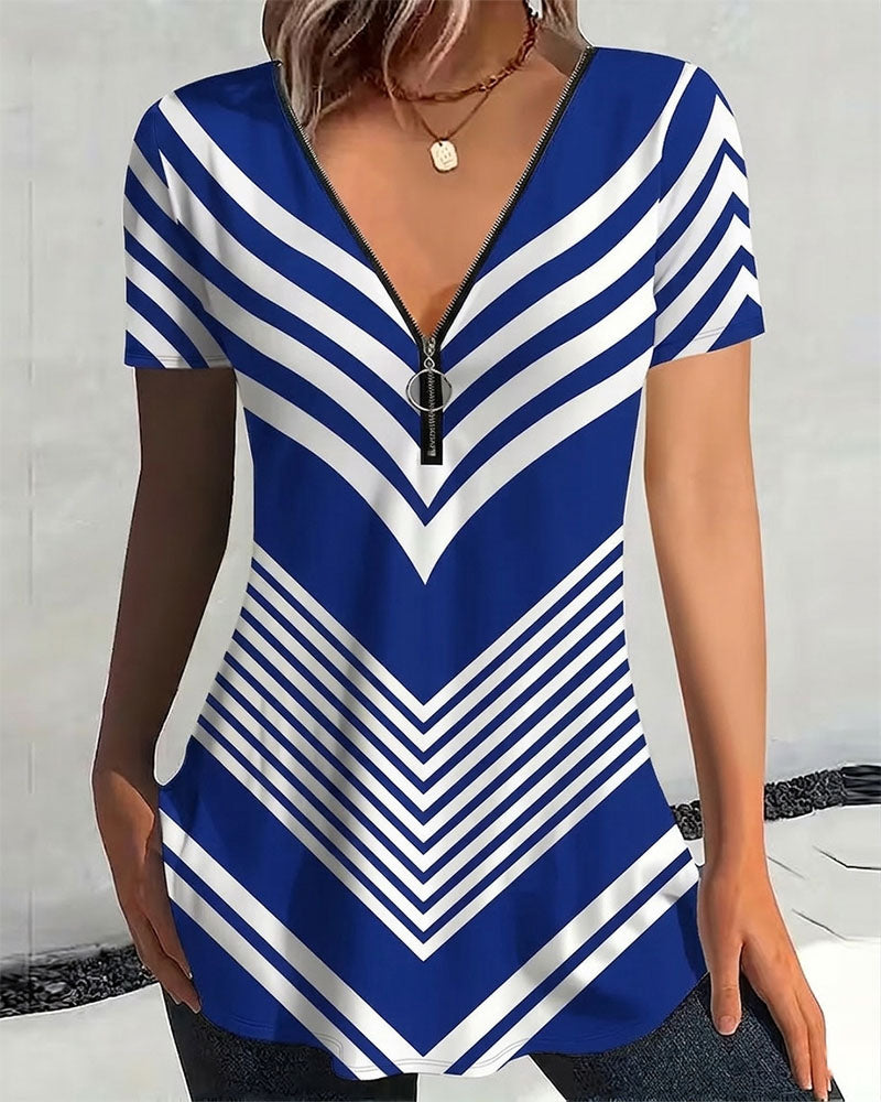 Zipper V-Neck Striped T-Shirt