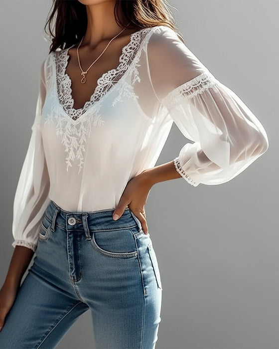 V-Neck Lace-Paneled Stylish Blouse