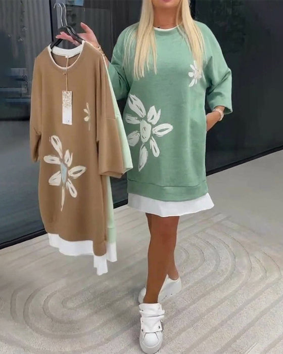 Crew Neck Printed Patchwork Sweatshirt Dress