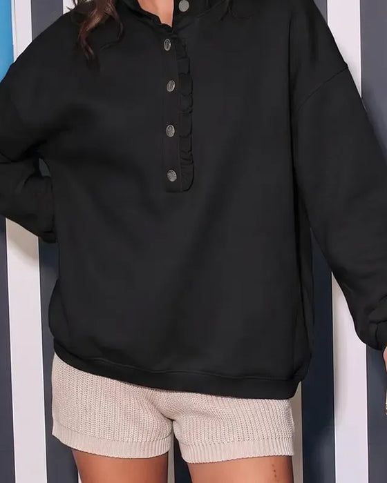 Ruffled Buttoned Long-Sleeved Loose Sweatshirt