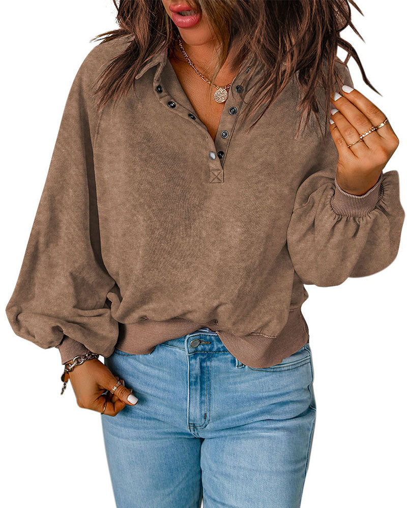 Lapel Button Solid Sweatshirt